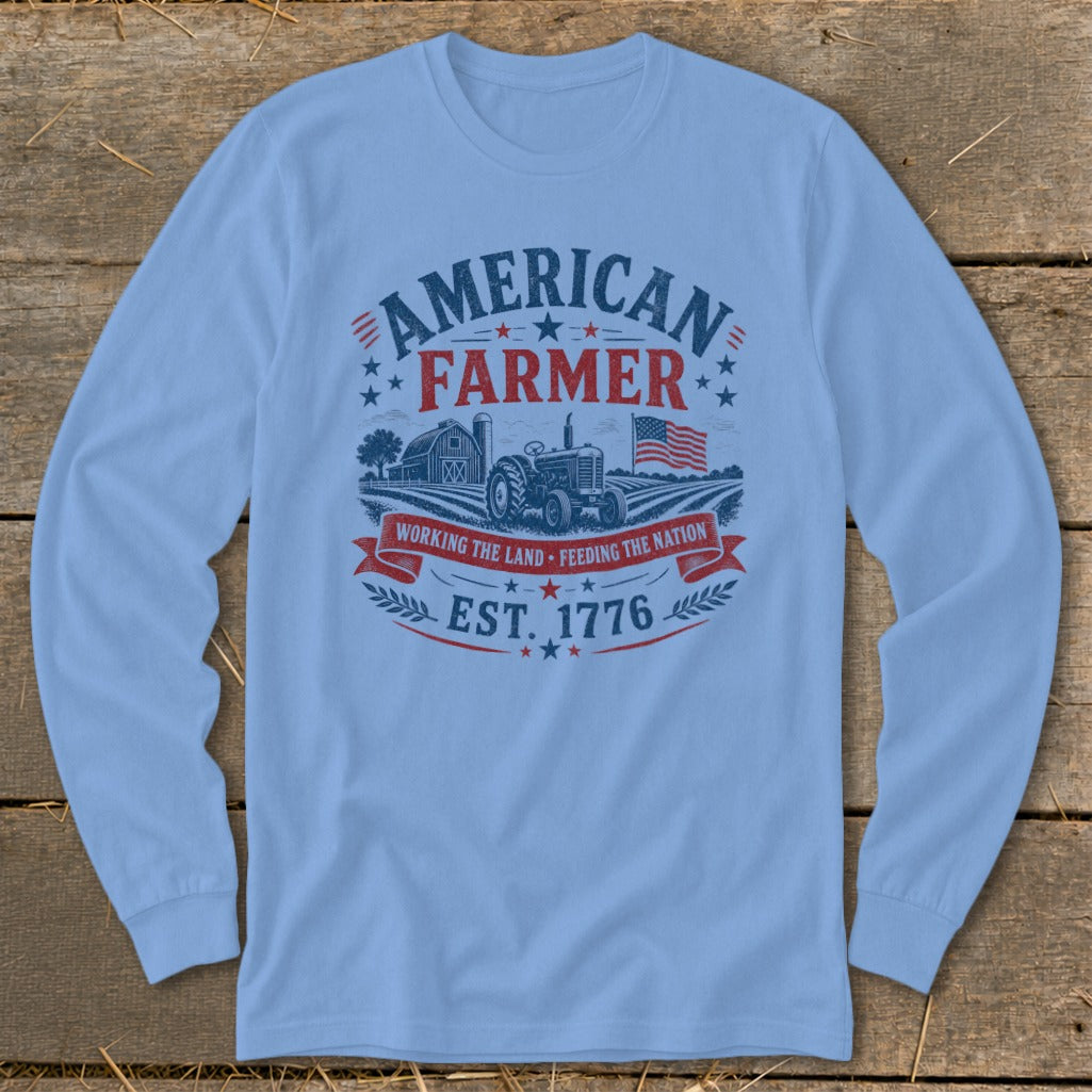 American Farmer graphic with tractor, barn, American flag, and "Est. 1776".