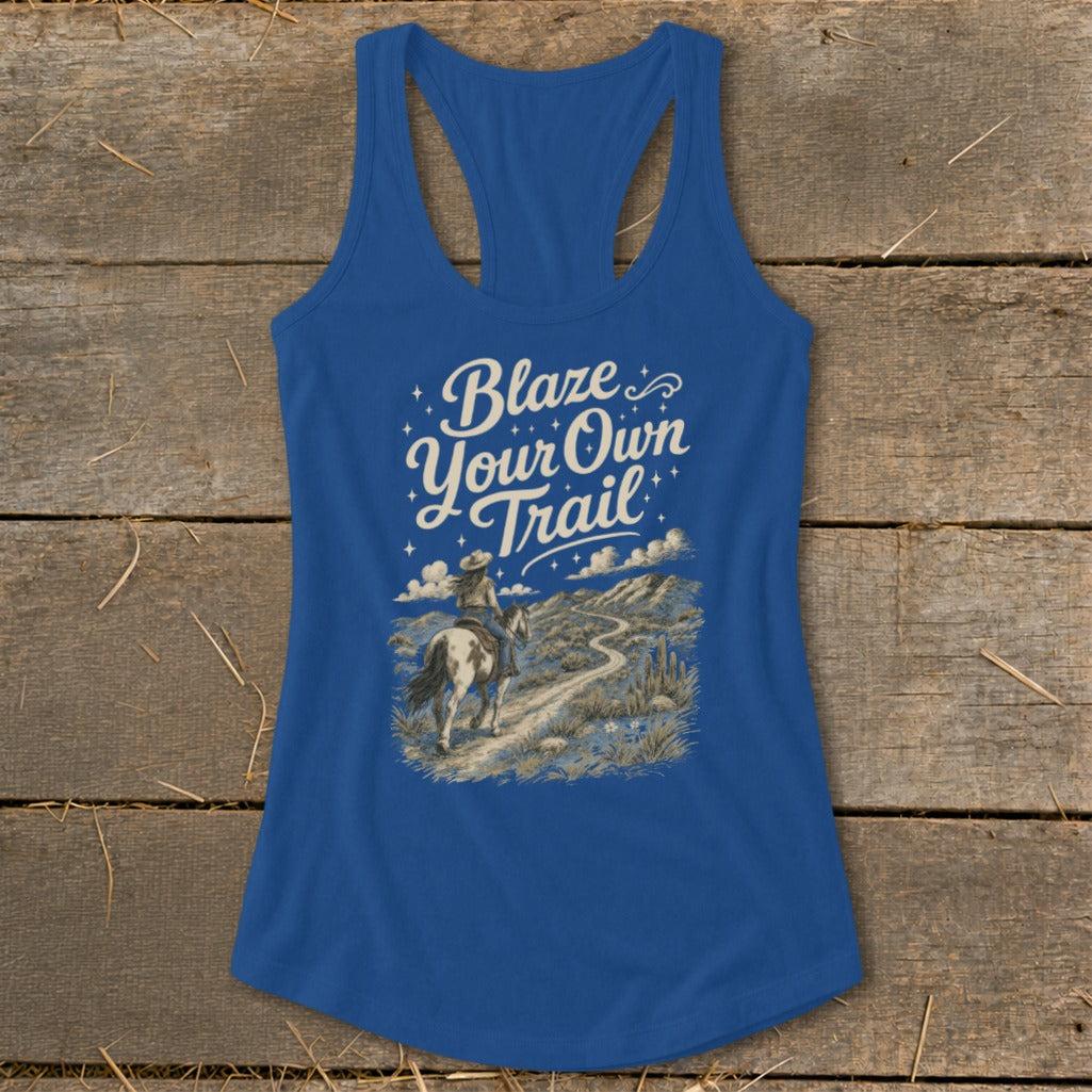 Blue tank top with "Blaze Your Own Trail" and a desert horseback riding graphic.