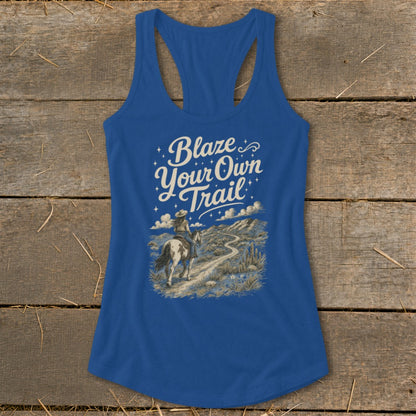 Blue tank top with "Blaze Your Own Trail" and a desert horseback riding graphic.