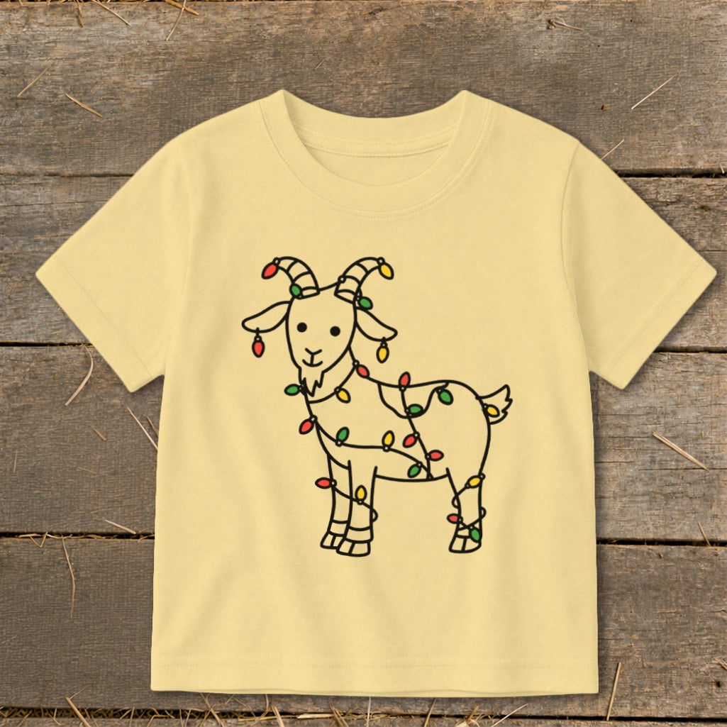 Yellow t-shirt with a line drawing of a goat wrapped in colorful Christmas lights.