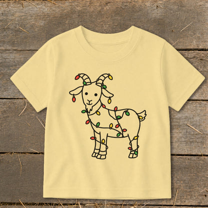 Yellow t-shirt with a line drawing of a goat wrapped in colorful Christmas lights.