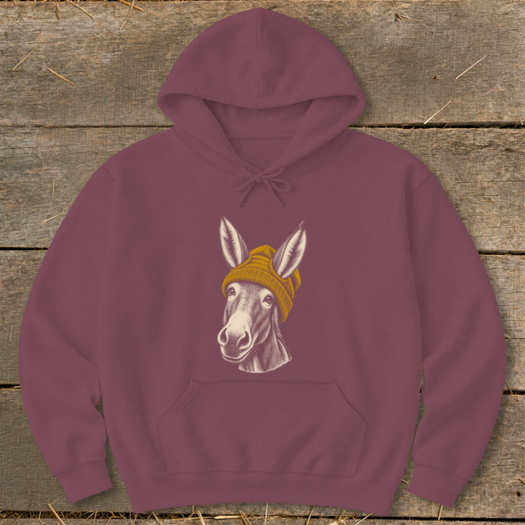 Burgundy hoodie with a drawing of a donkey wearing a yellow beanie.