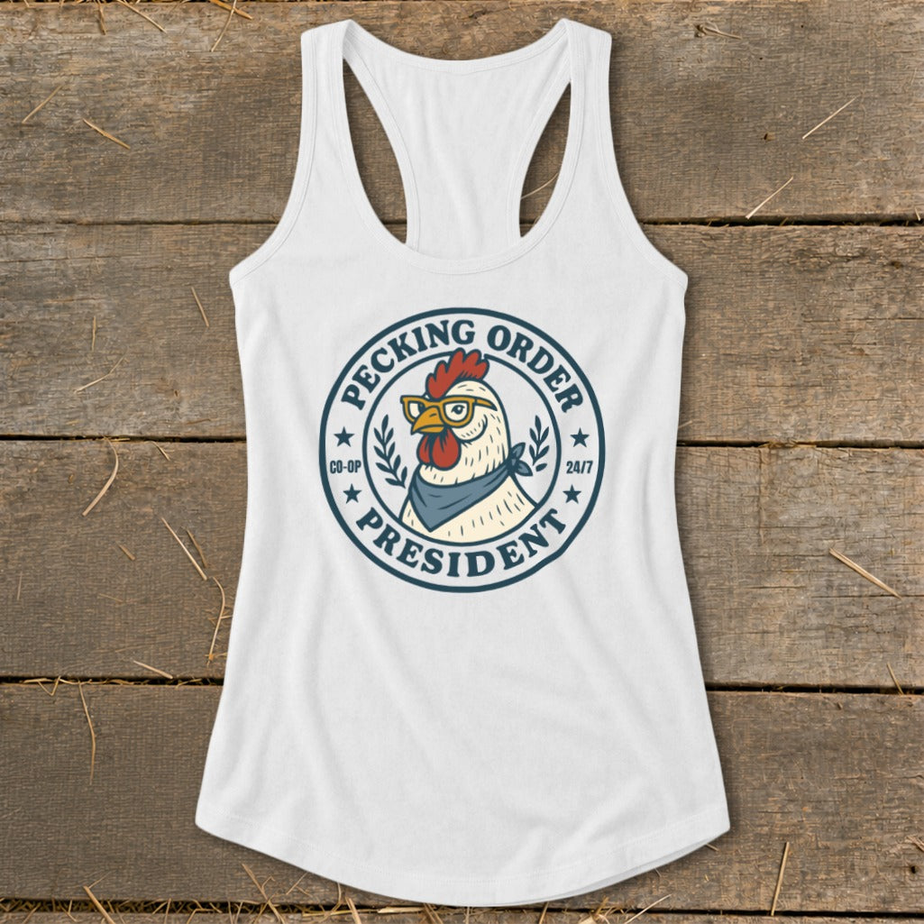 White tank top with a circular graphic of a chicken wearing glasses and a bandana.