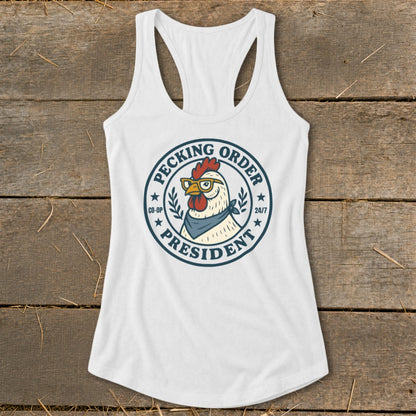 White tank top with a circular graphic of a chicken wearing glasses and a bandana.