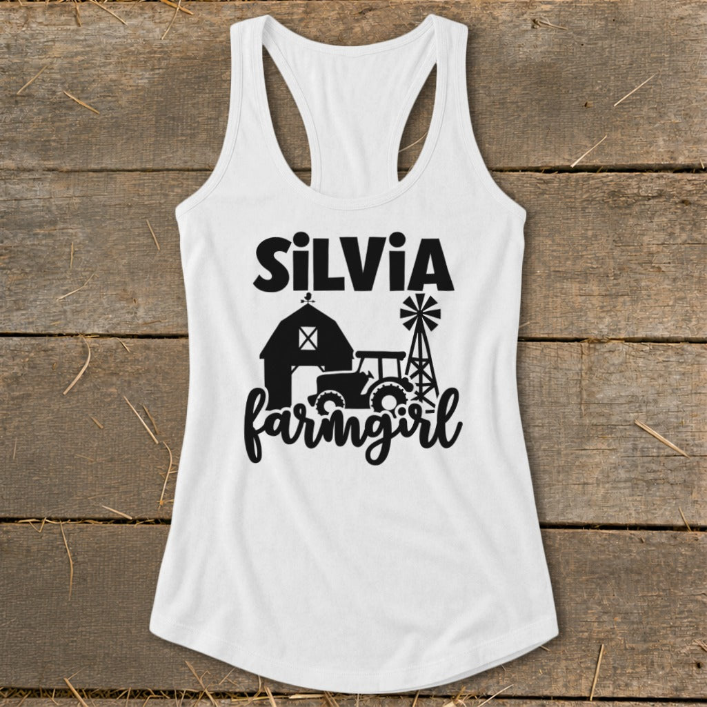 White tank top with "SILVIA farmgirl" and farm graphics.