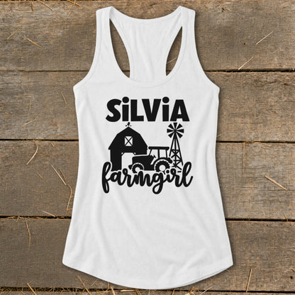 White tank top with "SILVIA farmgirl" and farm graphics.