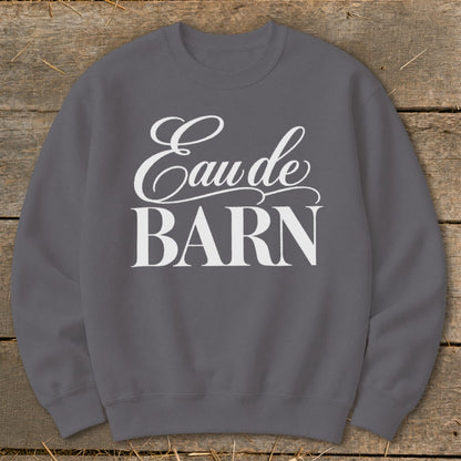Grey crewneck sweatshirt with white "Eau de BARN" text across the chest.