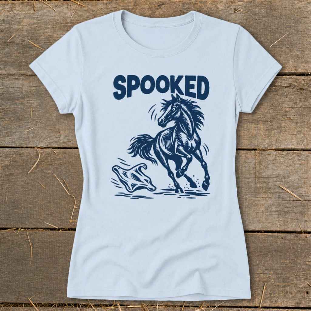 Light blue t-shirt with navy graphic of a spooked horse and ghost with text "SPOOKED".