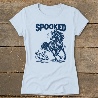 Light blue t-shirt with navy graphic of a spooked horse and ghost with text "SPOOKED".