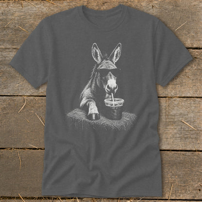 Donkey wearing sunglasses, drinking from a cup with a straw, on a dark t-shirt.