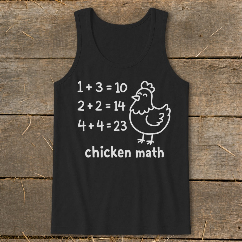 Black tank top with "chicken math" text and a cartoon chicken illustration.