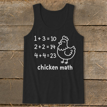 Black tank top with "chicken math" text and a cartoon chicken illustration.