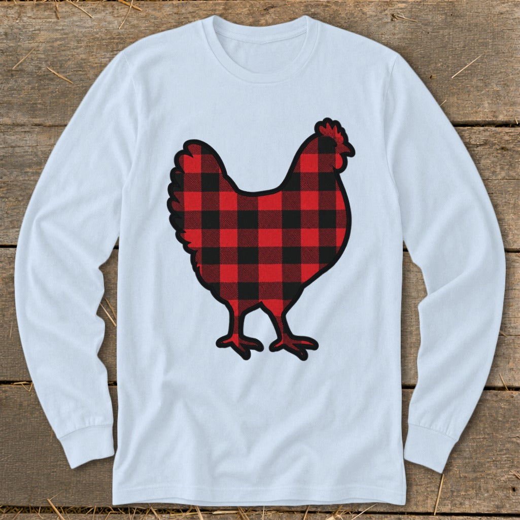 White long-sleeve shirt with a red and black buffalo plaid chicken graphic.