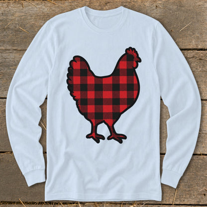 White long-sleeve shirt with a red and black buffalo plaid chicken graphic.