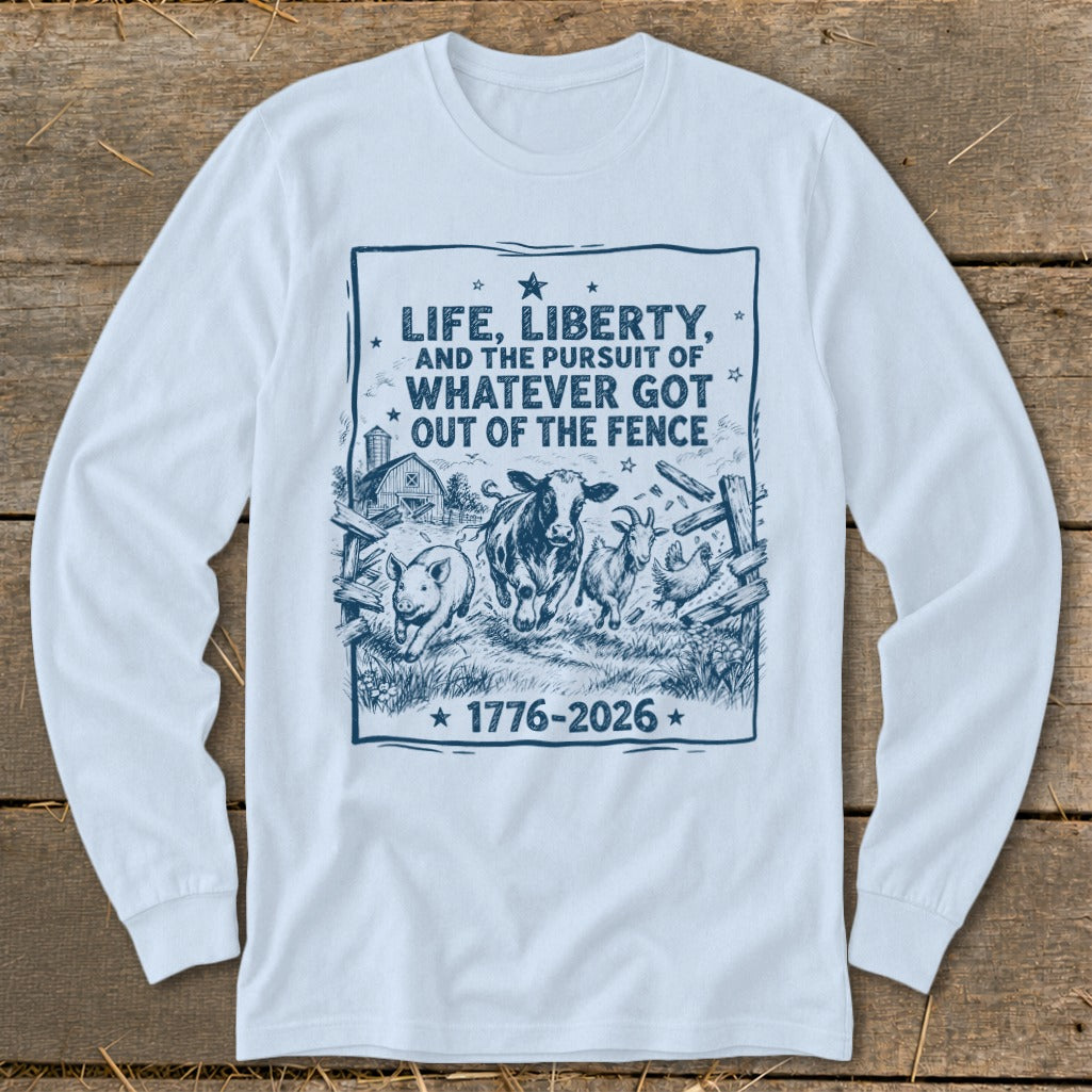 White long-sleeve shirt with a graphic depicting farm animals escaping a fence and text.
