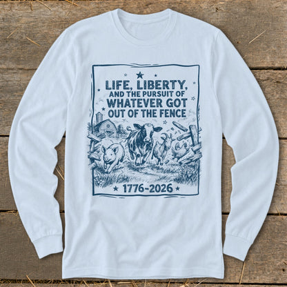 White long-sleeve shirt with a graphic depicting farm animals escaping a fence and text.