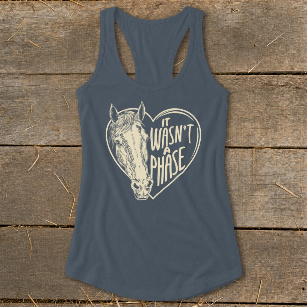 Tank top with heart graphic and horse head, text "It Wasn't a Phase".
