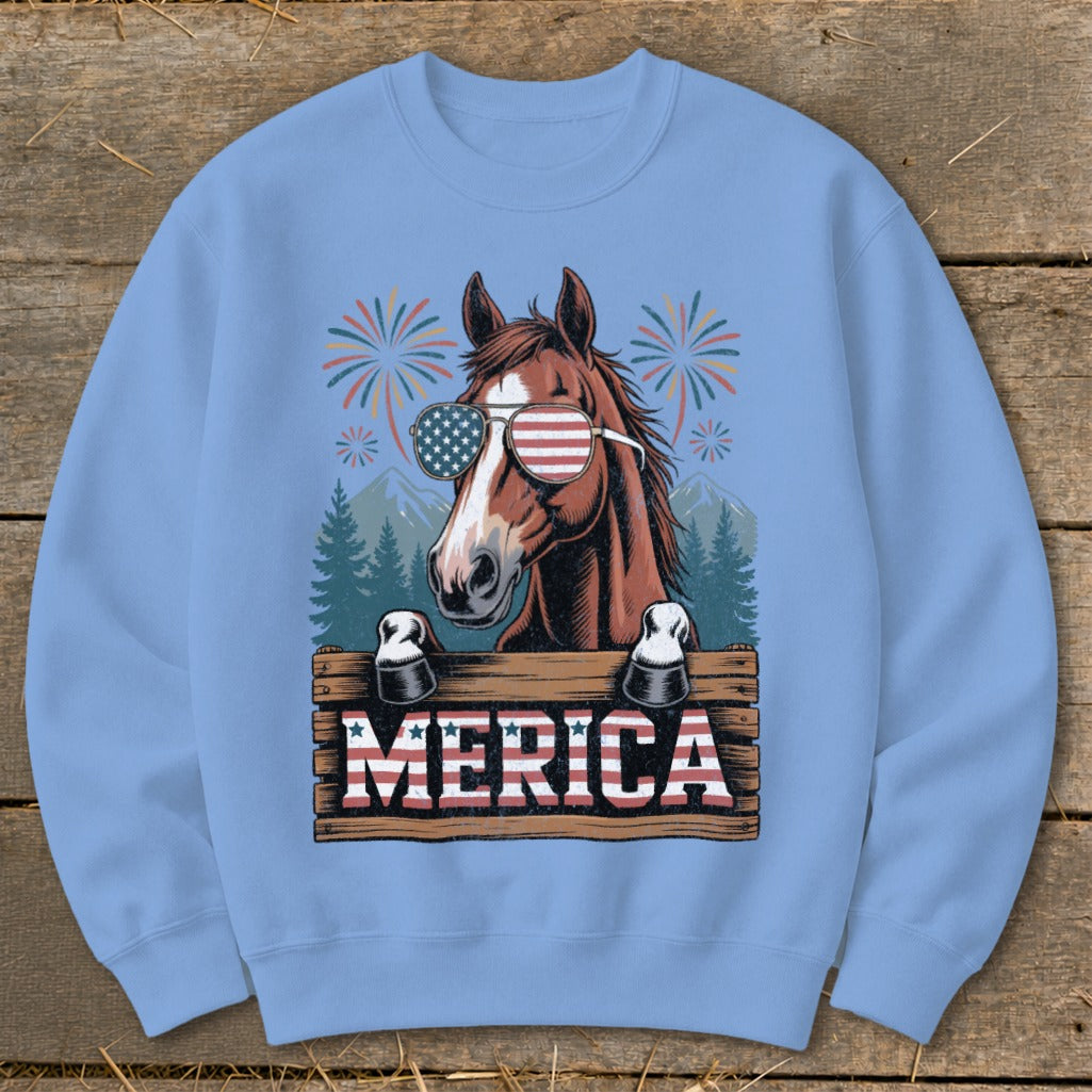 Horse wearing American flag sunglasses and "MERICA" text on sweatshirt with fireworks and mountains.