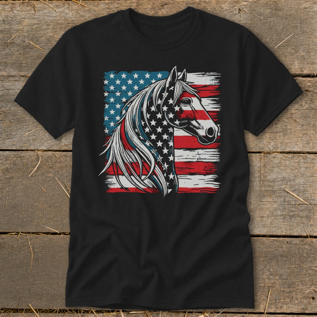 Black t-shirt with a horse's head superimposed on the American flag design.