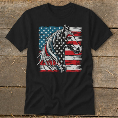 Black t-shirt with a horse's head superimposed on the American flag design.