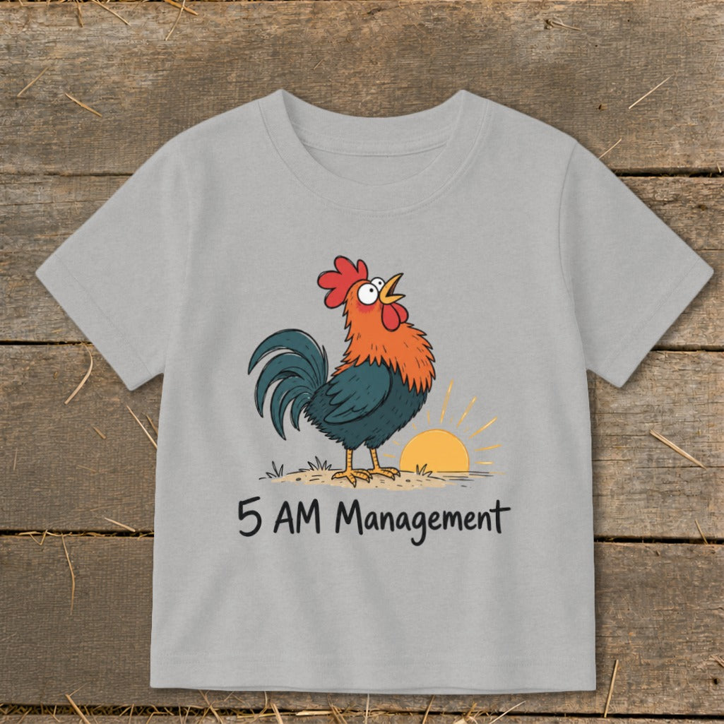 Gray t-shirt with cartoon rooster at sunrise and text "5 AM Management".