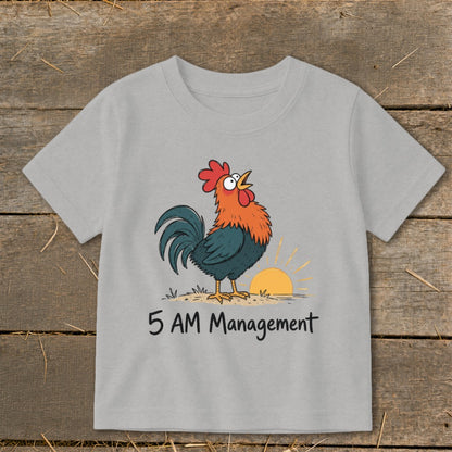 Gray t-shirt with cartoon rooster at sunrise and text "5 AM Management".