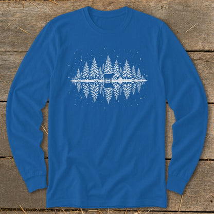 Blue long sleeve shirt with white forest and guitar reflection graphic.