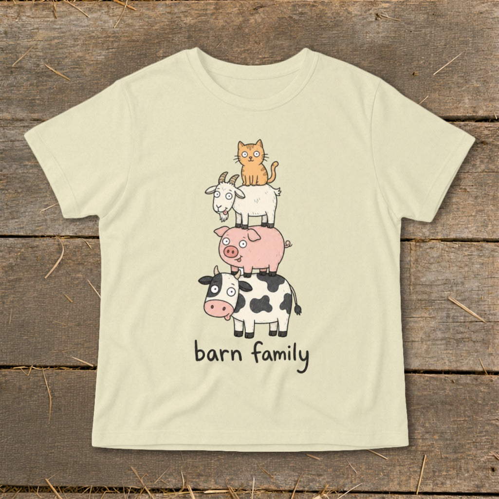 T-shirt with stacked cow, pig, goat, and cat graphic and "barn family" text.
