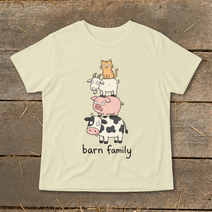 T-shirt with stacked cow, pig, goat, and cat graphic and "barn family" text.