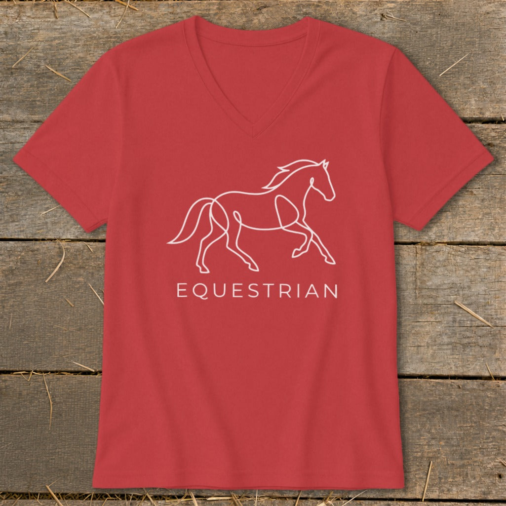 Red v-neck t-shirt with white outline of a galloping horse and text "EQUESTRIAN".