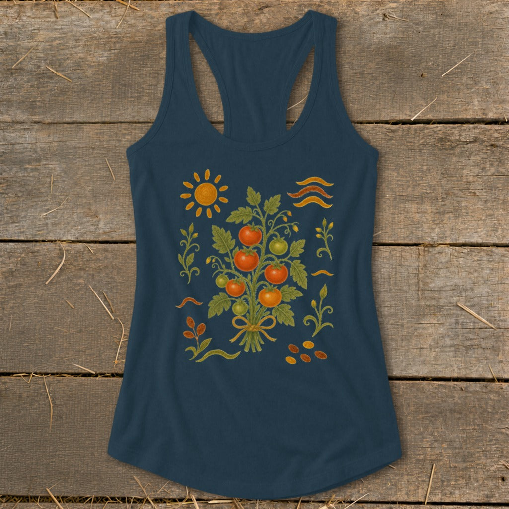 Dark blue tank top with a watercolor-style tomato plant and sun graphic.