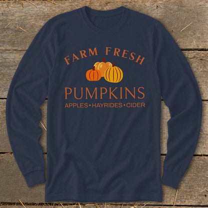 Navy long-sleeve shirt with "Farm Fresh Pumpkins" and fall activities.