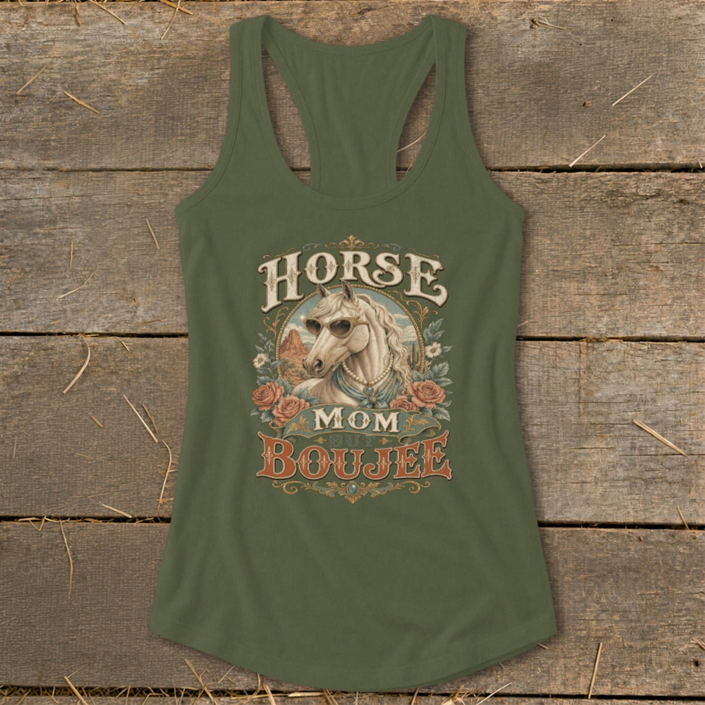 Horse Mom Boujee graphic tank top with a horse wearing sunglasses.