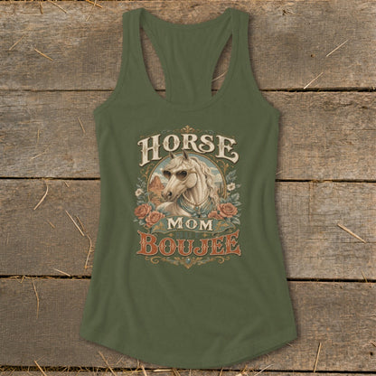 Horse Mom Boujee graphic tank top with a horse wearing sunglasses.