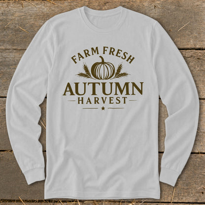 White long-sleeve shirt with "Farm Fresh Autumn Harvest" text and pumpkin graphic.