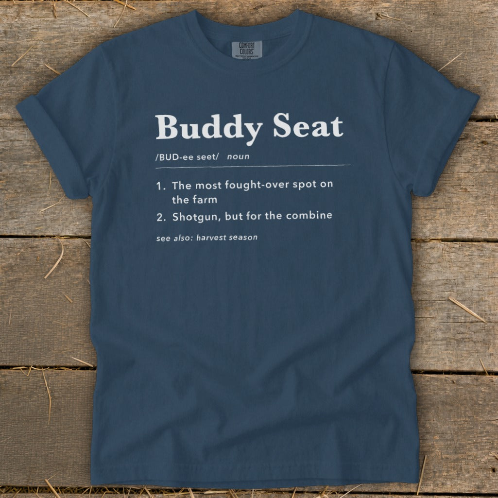 Navy t-shirt with "Buddy Seat" definition and related phrases.