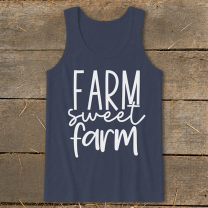 Navy tank top with "FARM sweet farm" text graphic.