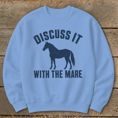 Light blue crewneck sweatshirt with horse silhouette and text "Discuss it With The Mare".
