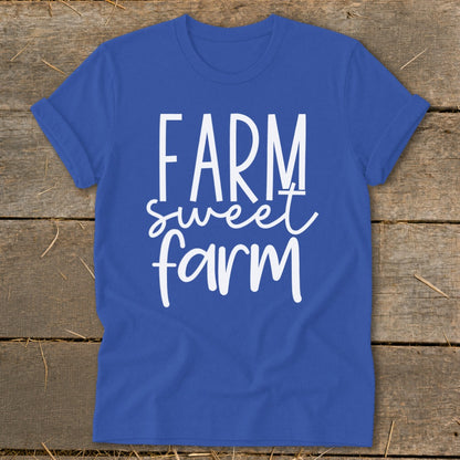 Royal blue t-shirt with white text reading "FARM sweet farm".