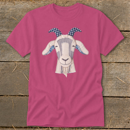 Pink t-shirt with a stitched goat applique on the chest.