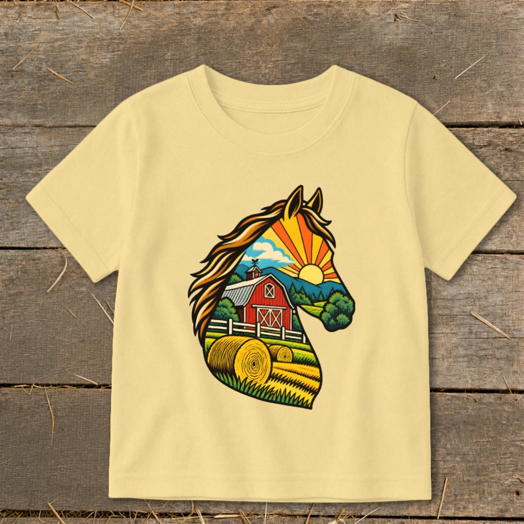 Light yellow t-shirt featuring a graphic illustration of a horse silhouette filled with a rural farm scene.