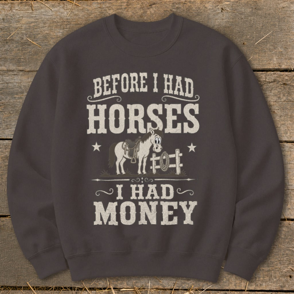 Sweatshirt with text "Before I Had Horses I Had Money" and cartoon horse.