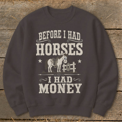 Sweatshirt with text "Before I Had Horses I Had Money" and cartoon horse.