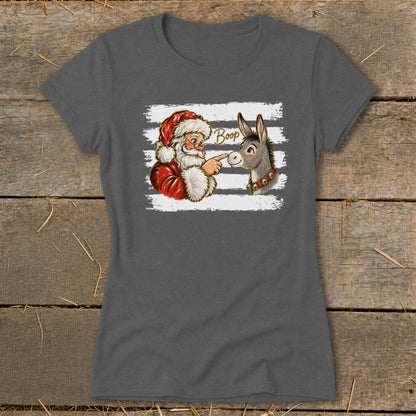 Santa boops a donkey's nose with the word "Boop" written above.