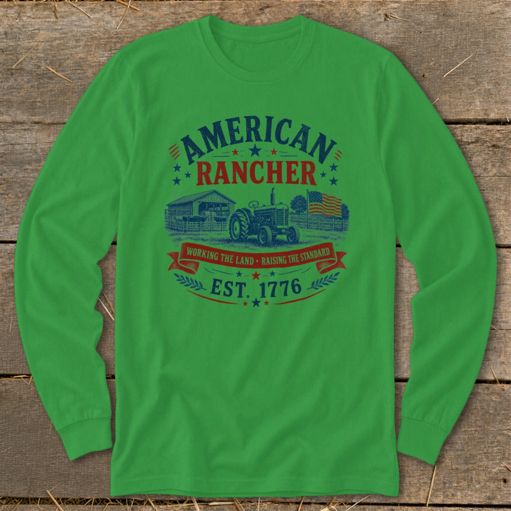 Green long-sleeve shirt with "American Rancher Est. 1776" graphic featuring tractor and barn.