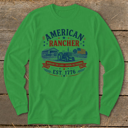 Green long-sleeve shirt with "American Rancher Est. 1776" graphic featuring tractor and barn.