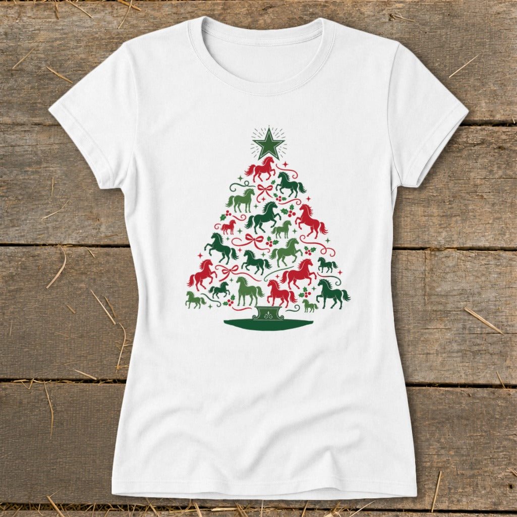 White t-shirt with a Christmas tree made of red and green horses.