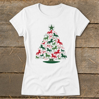 White t-shirt with a Christmas tree made of red and green horses.