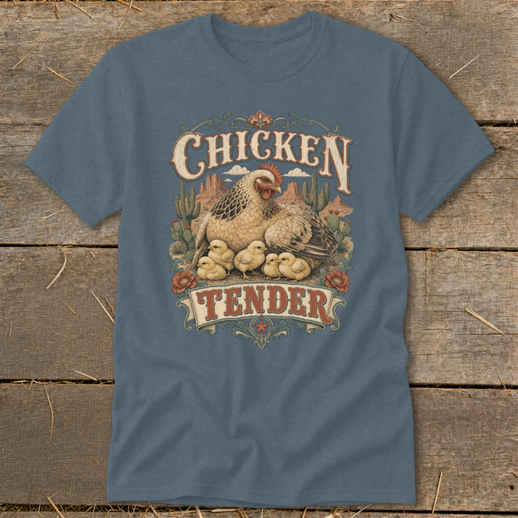 T-shirt with a vintage-style graphic of a hen and chicks with "Chicken Tender" text.