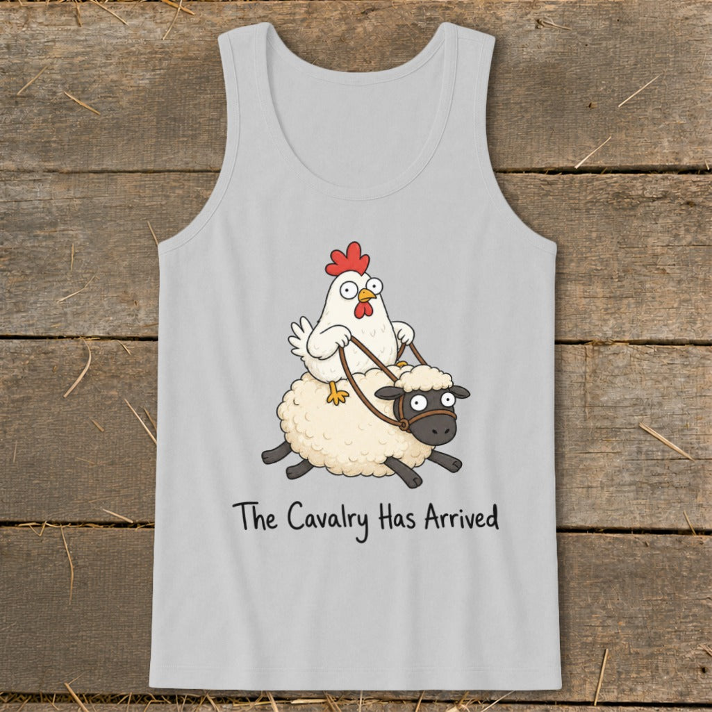 White chicken riding a fluffy sheep with text "The Cavalry Has Arrived."